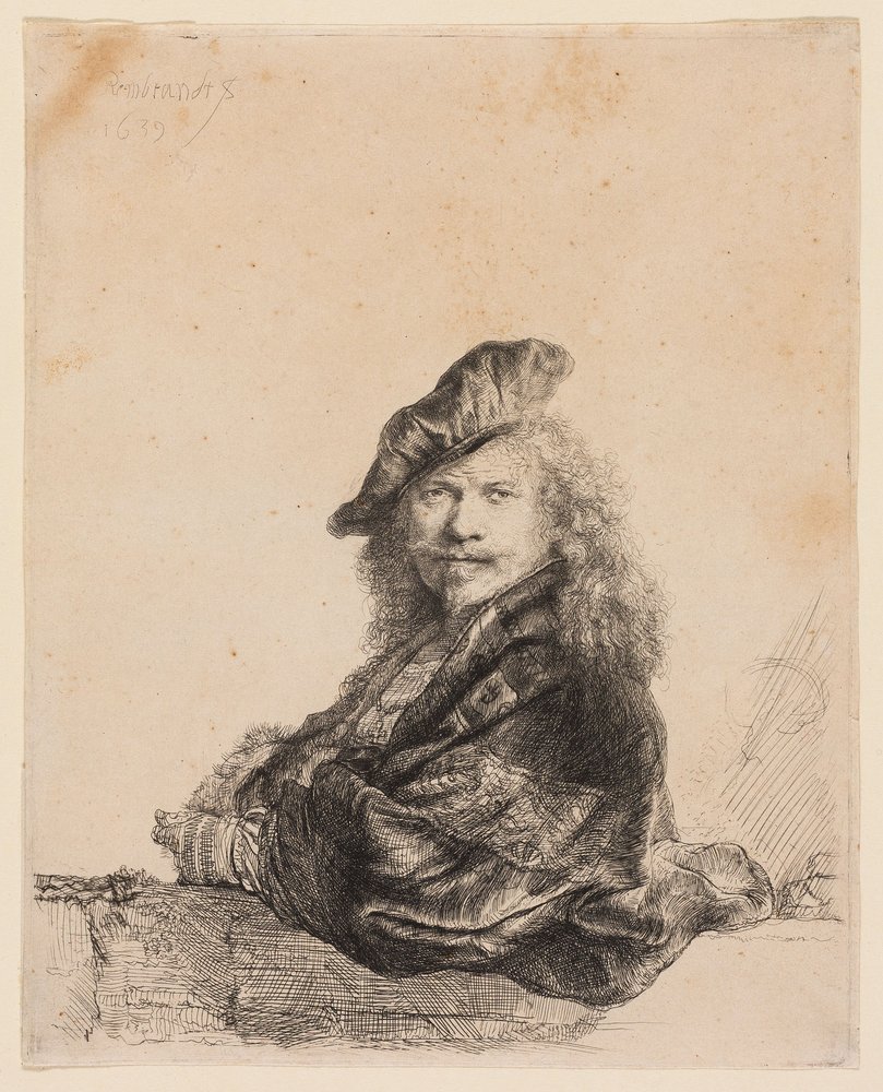 Selbstporträt, an einen Steinsims gelehnt von Rembrandt van Rijn