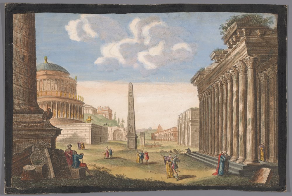 Ansicht der Ruinen der Trajanssäule, des Konstantinsbogens und anderer ...