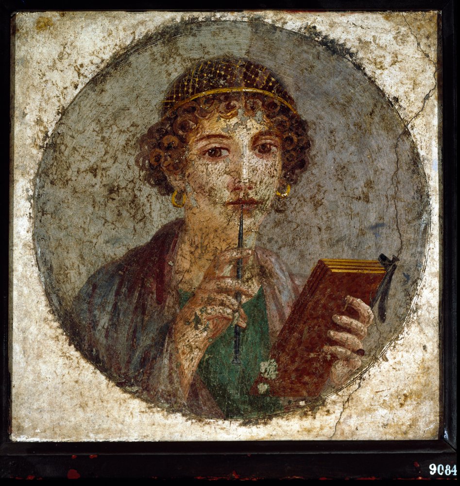 Mutmaßliches Porträt der Sappho, griechische Dichterin. Römische Frau mit Buch und Schreibgriffel, aus Pompeji, Neapel, Italien von Roman