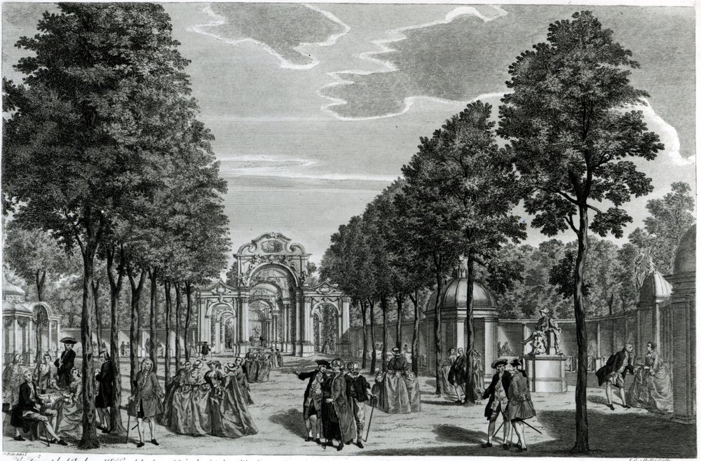 Die Triumphbögen, Händels Statue im Südgang der Vauxhall Gardens ...