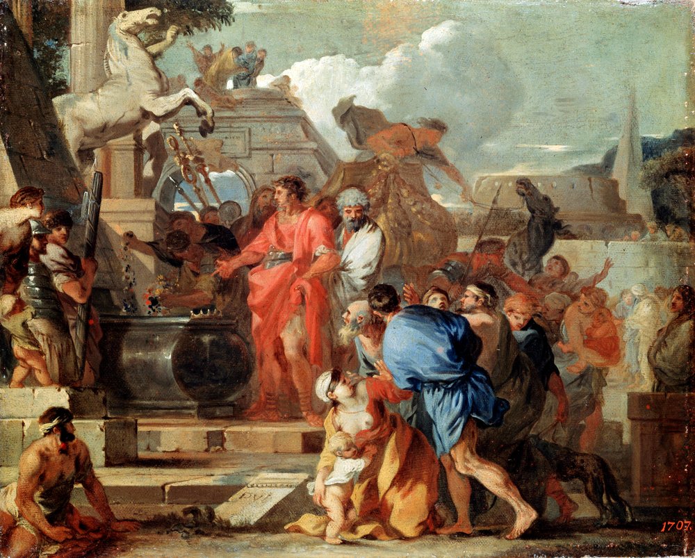 Augustus vor dem Grab Alexanders des Großen, 17. Jahrhundert. von Sébastien Bourdon