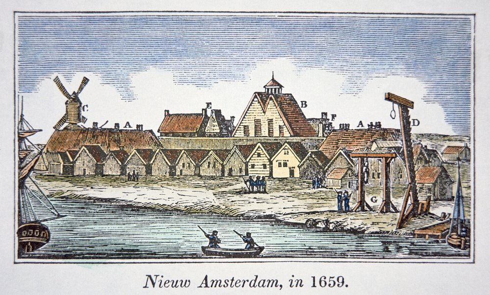 Neu-Amsterdam (später New York) auf der Insel Manhattan, aus einer Ansicht, die 1659 veröffentlicht wurde von School American