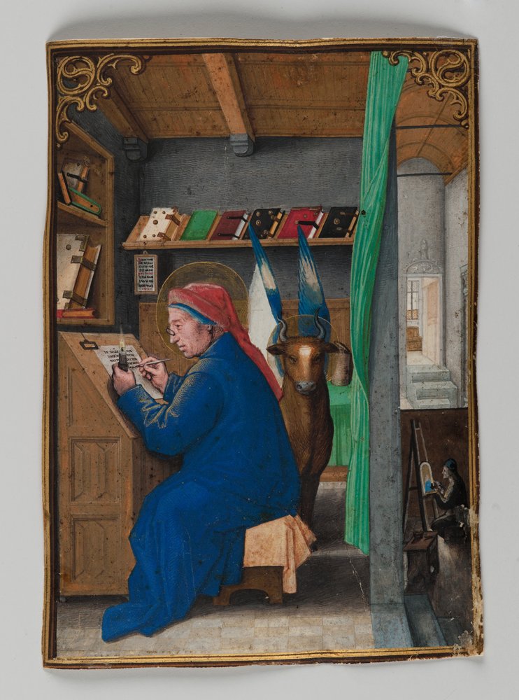 Der heilige Lukas beim Schreiben, mit Krone, 1521 von Simon Bening