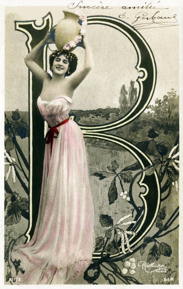 B: Bianca Toledo, Künstlerin, Sängerin und Sevillanische Tänzerin aus der Belle Epoque - Casino de Paris, Folies Bergere, Jardin de Paris - Alphabet auf Postkarte von Studio Reutlinger