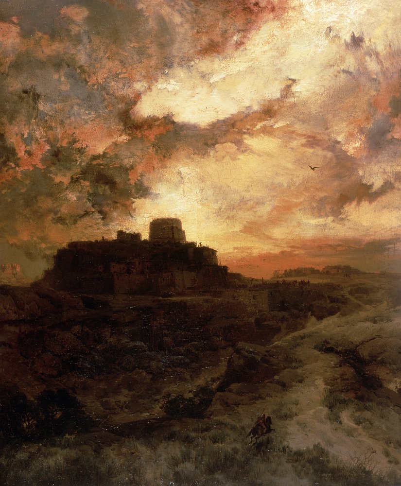 Sonnenuntergang, Pueblo von Walpi, Arizona, 1880 von Thomas Moran