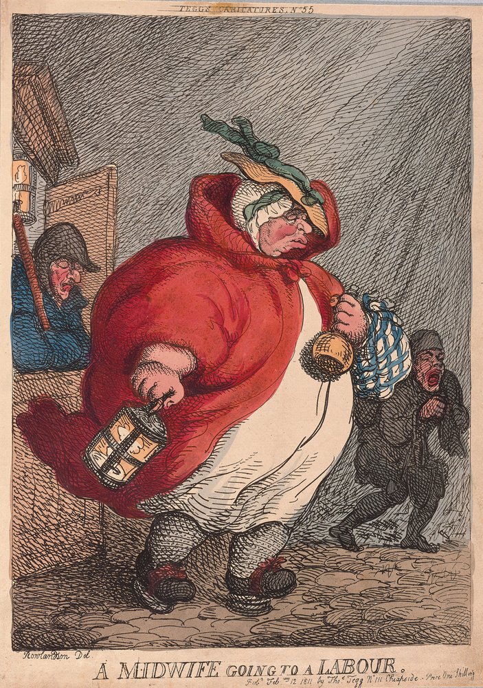 Eine Hebamme geht zu einer Geburt, veröffentlicht 1811 (handkolorierter Stich) von Thomas Rowlandson