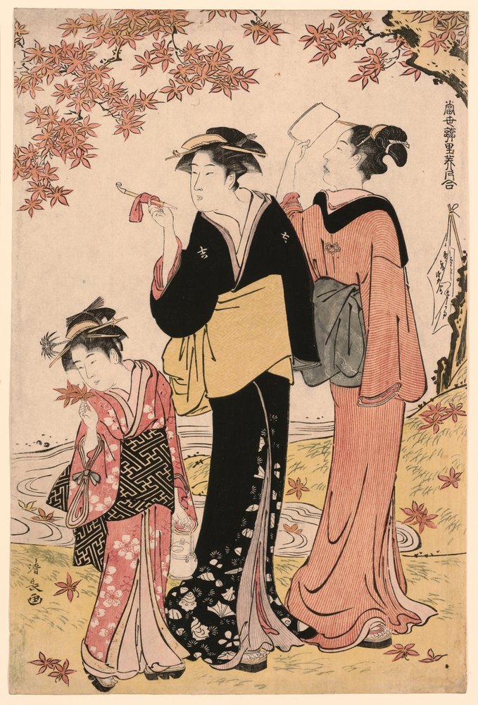 Schönheiten unter einem Ahornbaum, aus der Serie "Eine Sammlung zeitgenössischer Schönheiten der Vergnügungsviertel (Tosei yuri bijin awase)" von Torii Kiyonaga