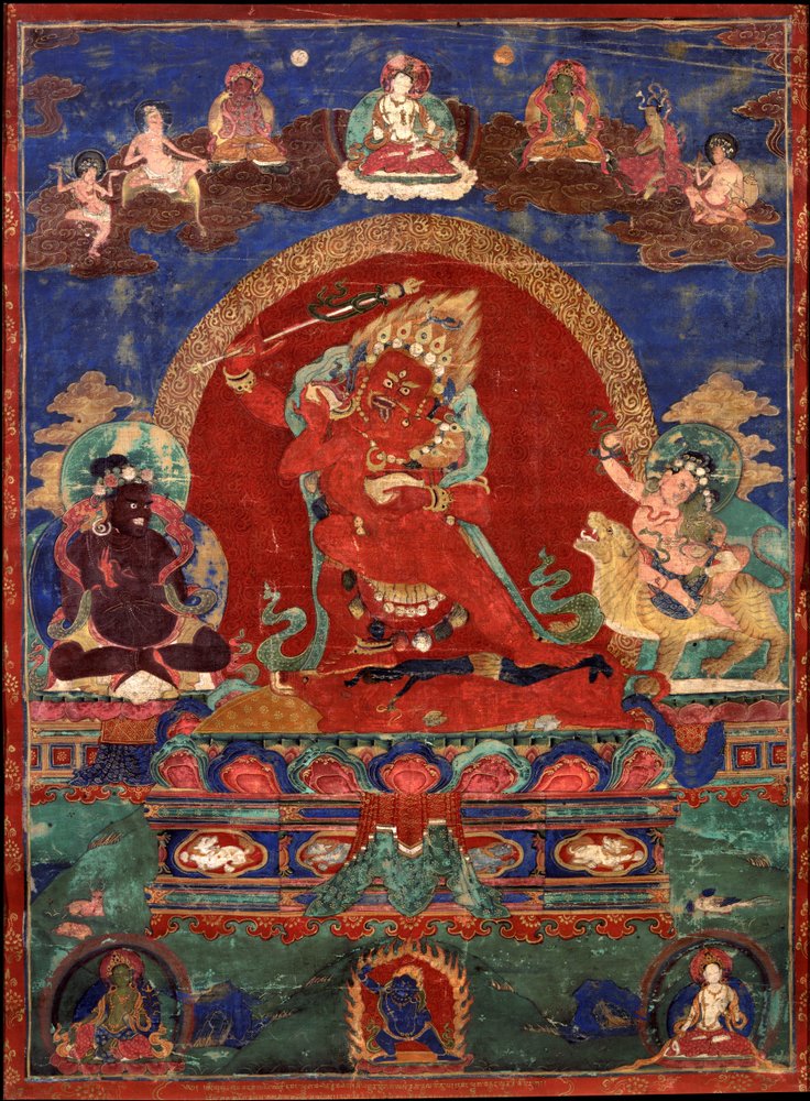 Roter Yamari flankiert von Virupa und Dombi Heruka