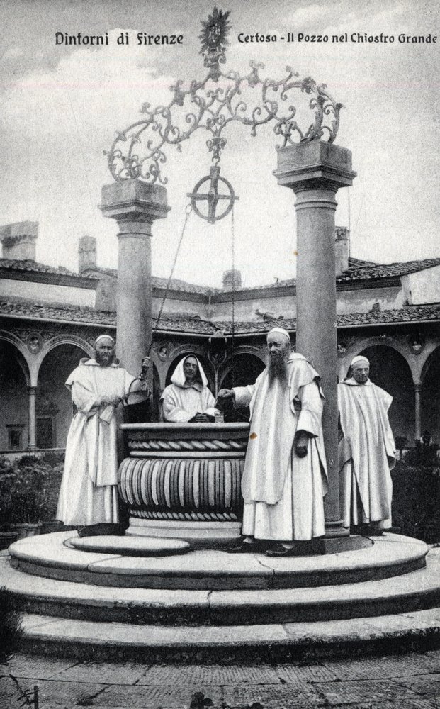 Italien, Florenz, Kartause von Galluzzo (Certosa del Galluzzo): der Brunnen im großen Kreuzgang - Postkarte Ende 19. Anfang 20. Jahrhundert von William M. Timlin