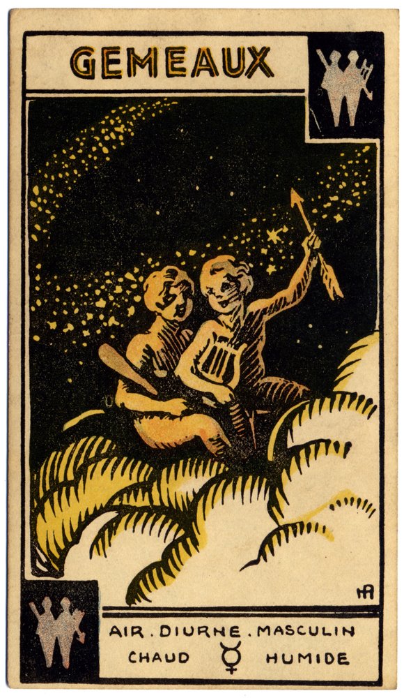 Paranormal. Astrologie. Zwillinge (die Zwillinge). Astrologische Karte aus: Le Tarot Astrologique, von Georges Muchery, Frankreich von Unbekannter Künstler