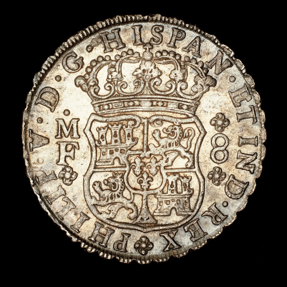 Seltene Silbermünze, Spanisch-Amerika König Ferdinand VI, 8 Reale, gekröntes Schild mit spanischen Wappen 1740 (Foto) von Unbekannter Künstler