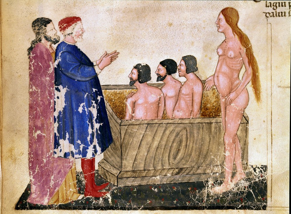Kreis der Schmeichler: Dante und Virgil treffen Alessio Interminelli und die Prostituierte Thais. Illustrierte Seite aus dem 18. Gesang der Hölle aus der „Göttlichen Komödie“ von Dante Alighieri (1265-1321). 14. Jahrhundert, Venedig von Unknown artist