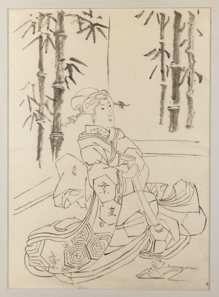 Vorzeichnung für das linke Blatt des Triptychons Elegantes Instrumentaltrio von Mädchen von Utagawa Kunisada