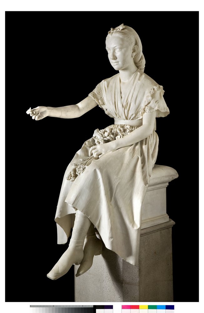 Porträt der Marquise Virginia Busti Porro als junges Mädchen oder junge Dame, die eine Blume anbietet von Vincenzo Vela