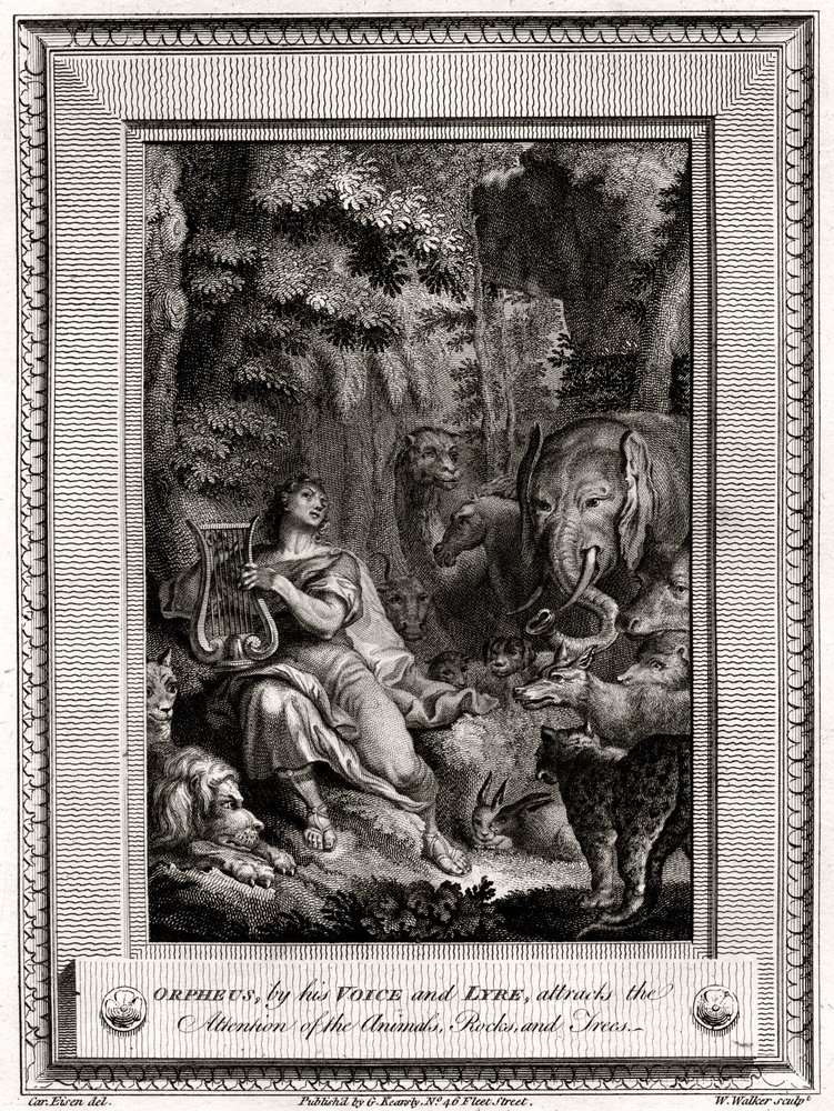 Orpheus, durch seine Stimme und Leier, zieht die Aufmerksamkeit der Tiere, Felsen und Bäume auf sich, 1774 von W. Walker