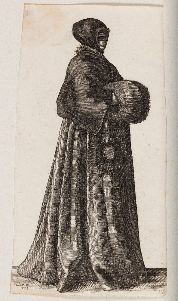 Schwarz gekleidete Frau mit Maske, Haube und Muff von Wenceslaus Hollar