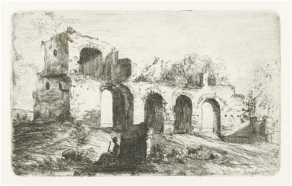 Südliche Landschaft mit Ruine und Hirte mit Vieh von Willem Matthias Jan van Dielen