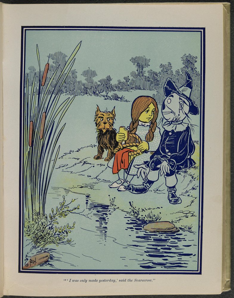 "'Ich wurde erst gestern gemacht', sagte die Vogelscheuche", Illustration aus "Der wunderbare Zauberer von Oz" von Lyman Frank Baum von William Wallace Denslow