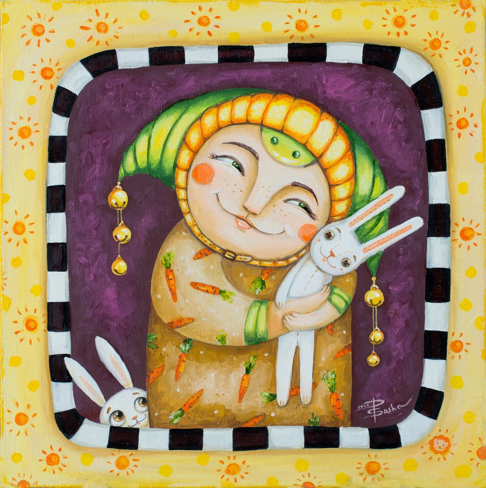 Lächelnder Charakter und Hasen von Aleksandra Paranchenko