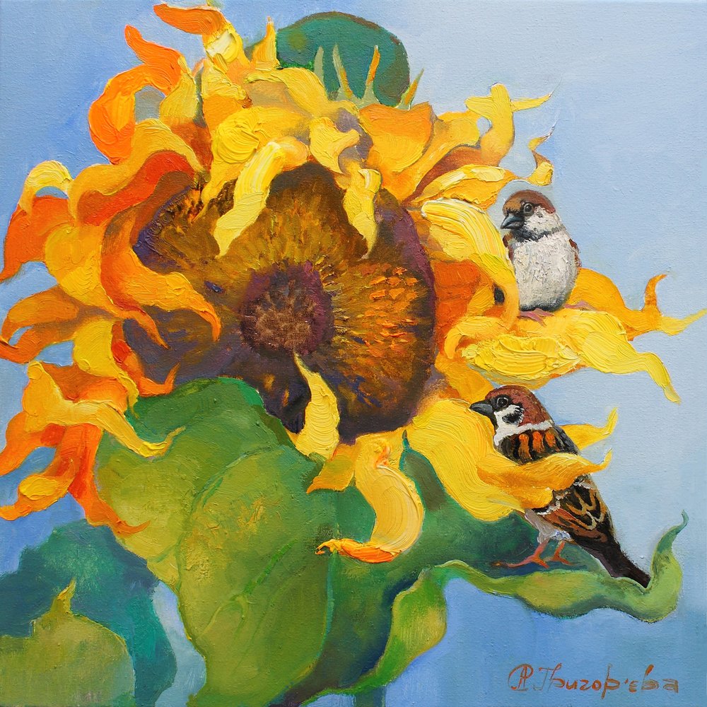 Goldene Sonnenblumen Spatzen von Anastasiia Grygorieva