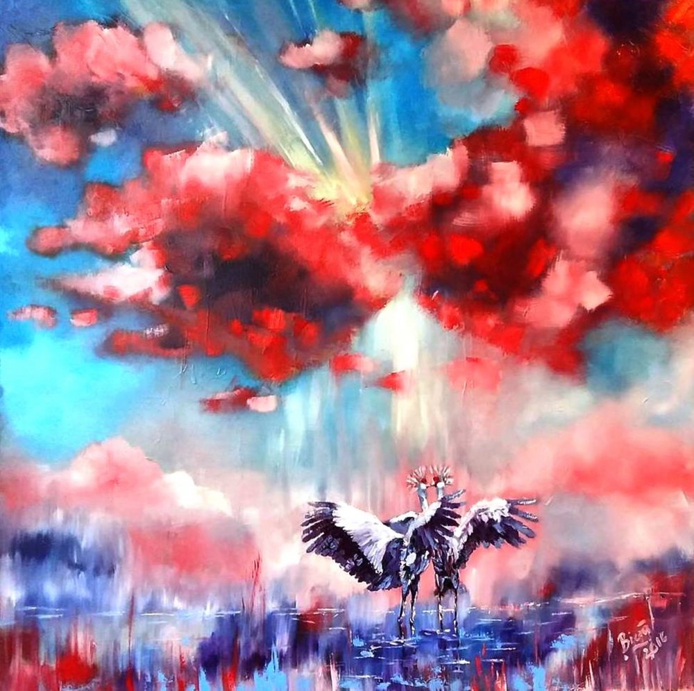 Zwei Kraniche Rote Wolken von Anda Bieza