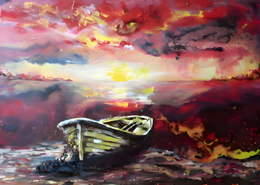 Lebendiges Sonnenuntergangs-Ruderboot von Anda Bieza