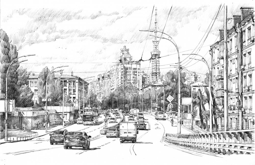 Geschäftige urbane Straßenskizze von Andrii Kutsachenko