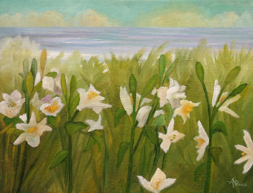 Weiße Blumen mit Meeresblick von Angeles M. Pomata