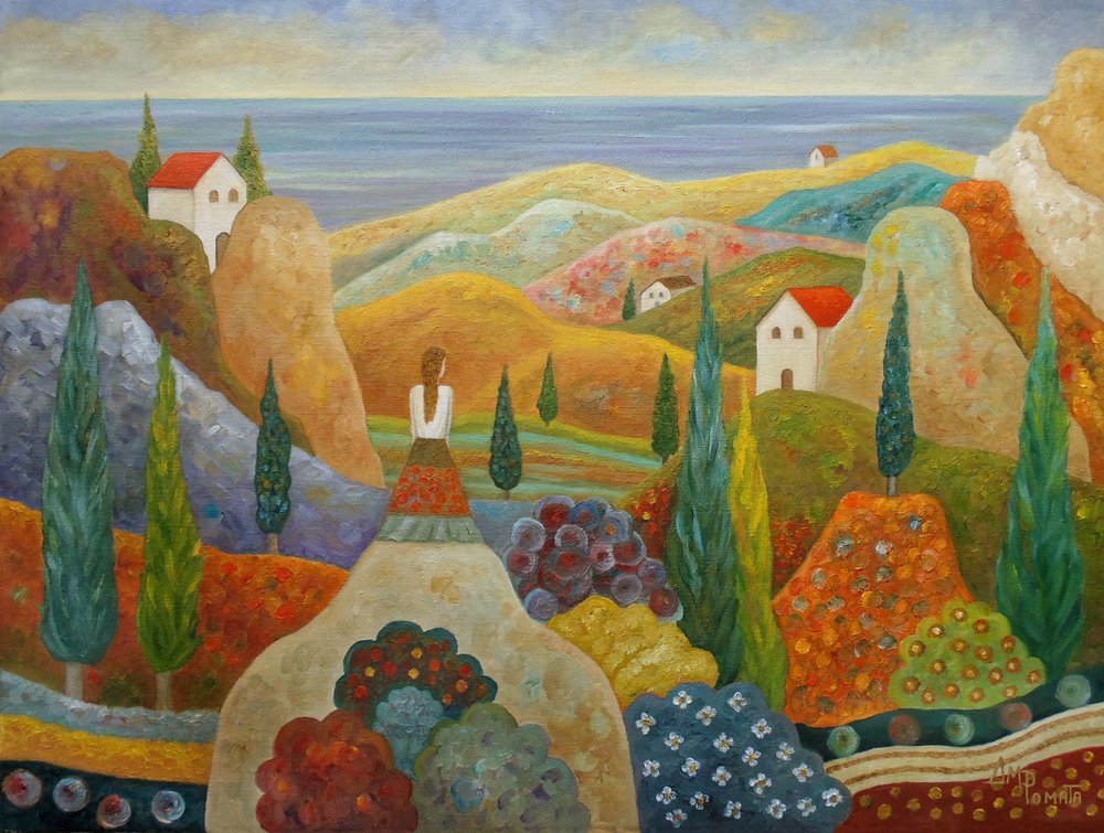 Frau mit Blick auf mediterrane Hügel von Angeles M. Pomata