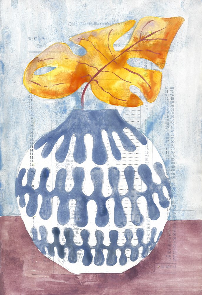 Blaue Vase mit goldenem Blatt von Annick