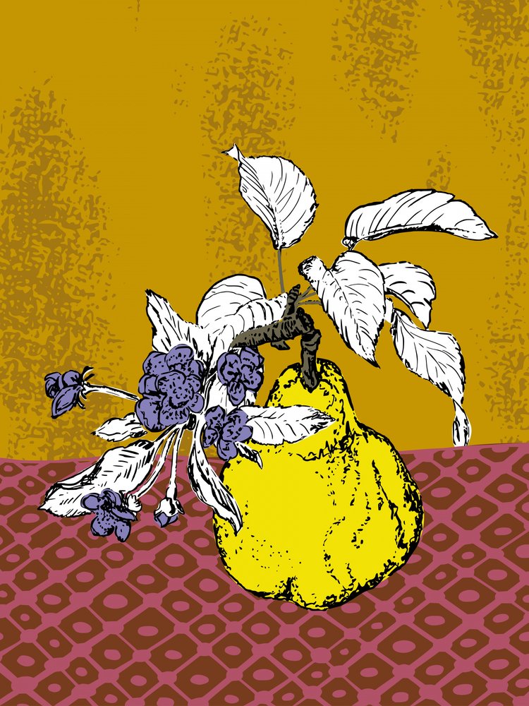 Quitte und violette Blüten von Annick