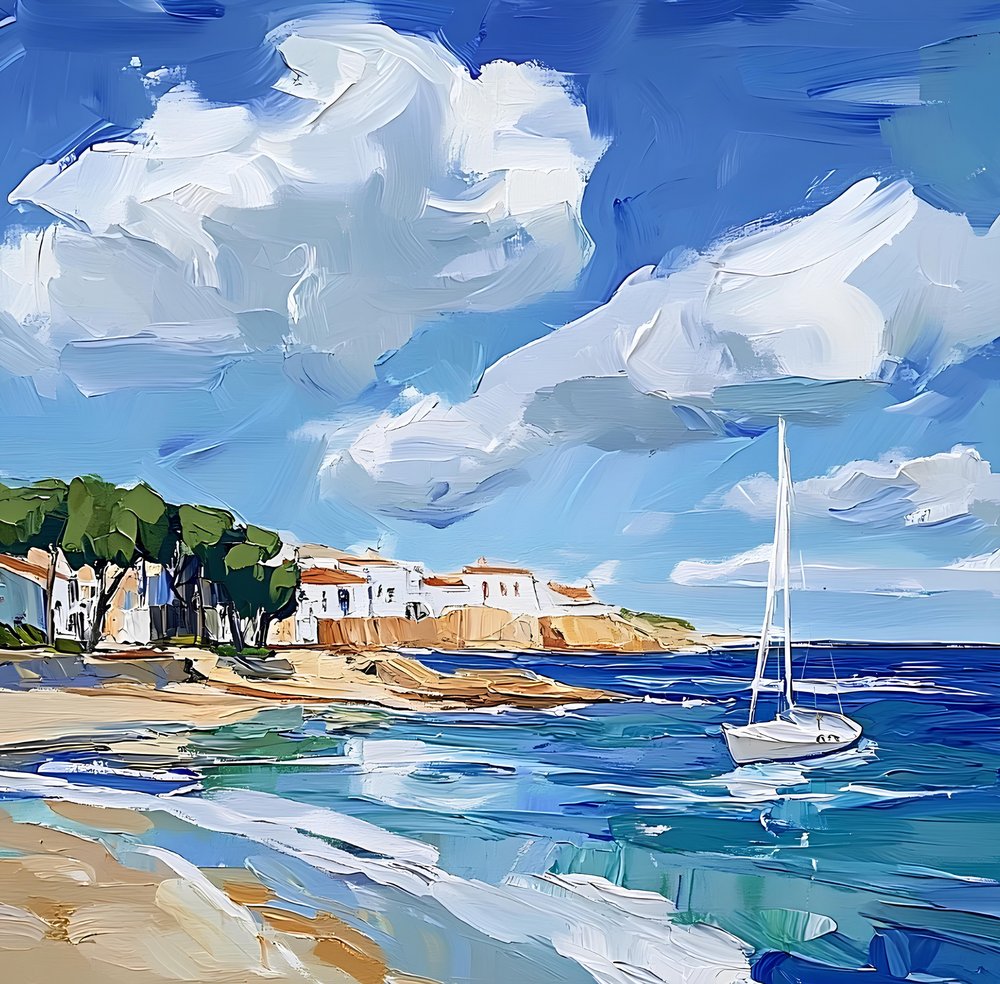 Mediterraner Strand mit Segelboot von Avanesova Elena