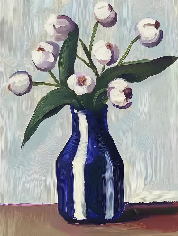Weiße Blumen Blauer Vase von Avanesova Elena