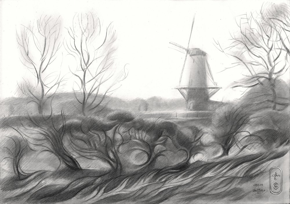 Winter-Windmühlenzeichnung von Corné Akkers