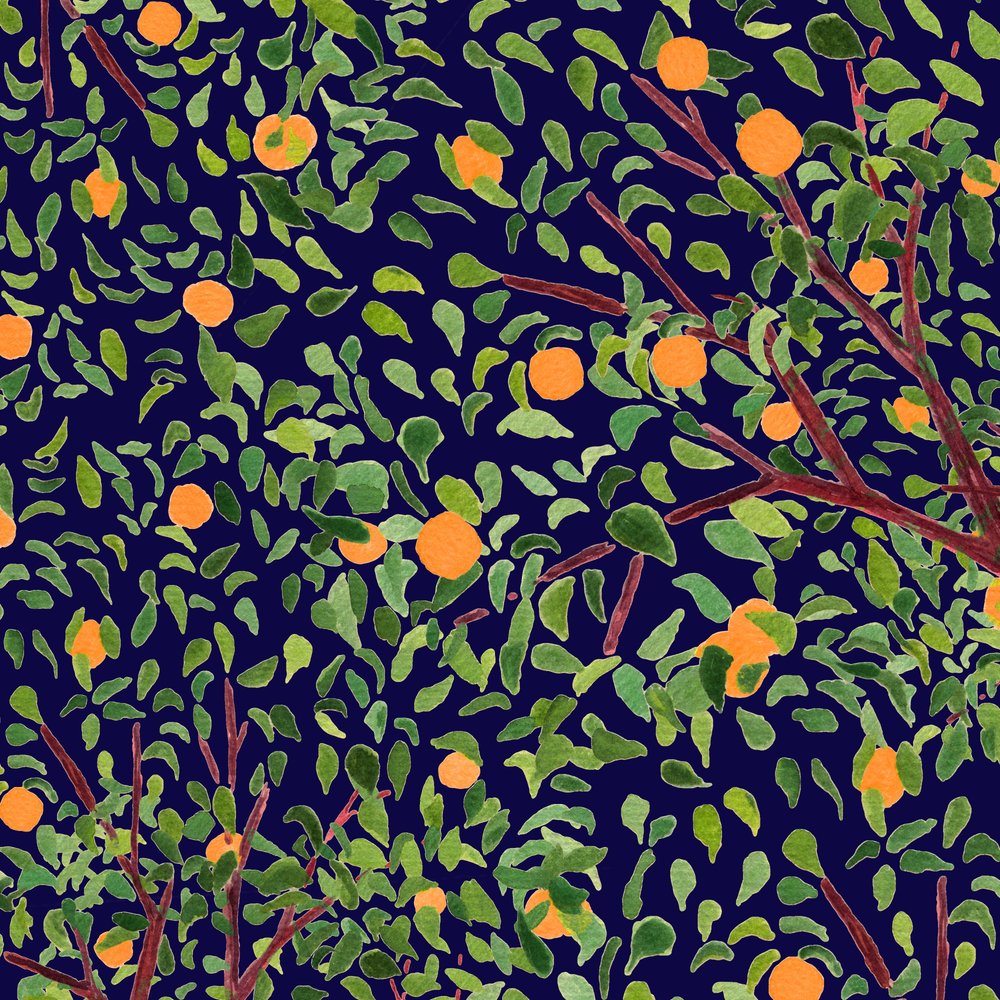 Üppiger Orangengarten Blau von Danushka Abeygoda