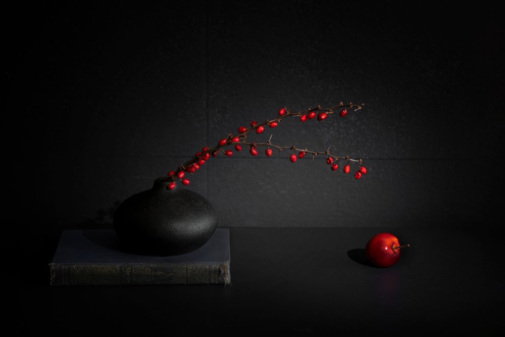 Rote Beeren Schwarze Vase Stillleben von Dennis Zhang