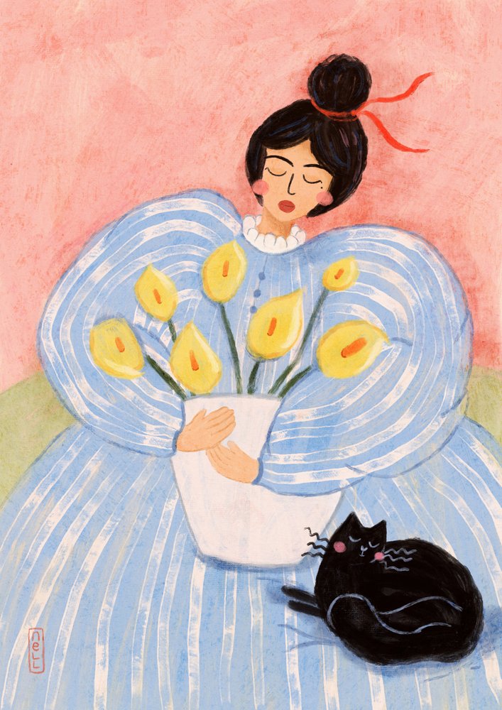 Frau mit Blumen und Katze von Dirkie Nell
