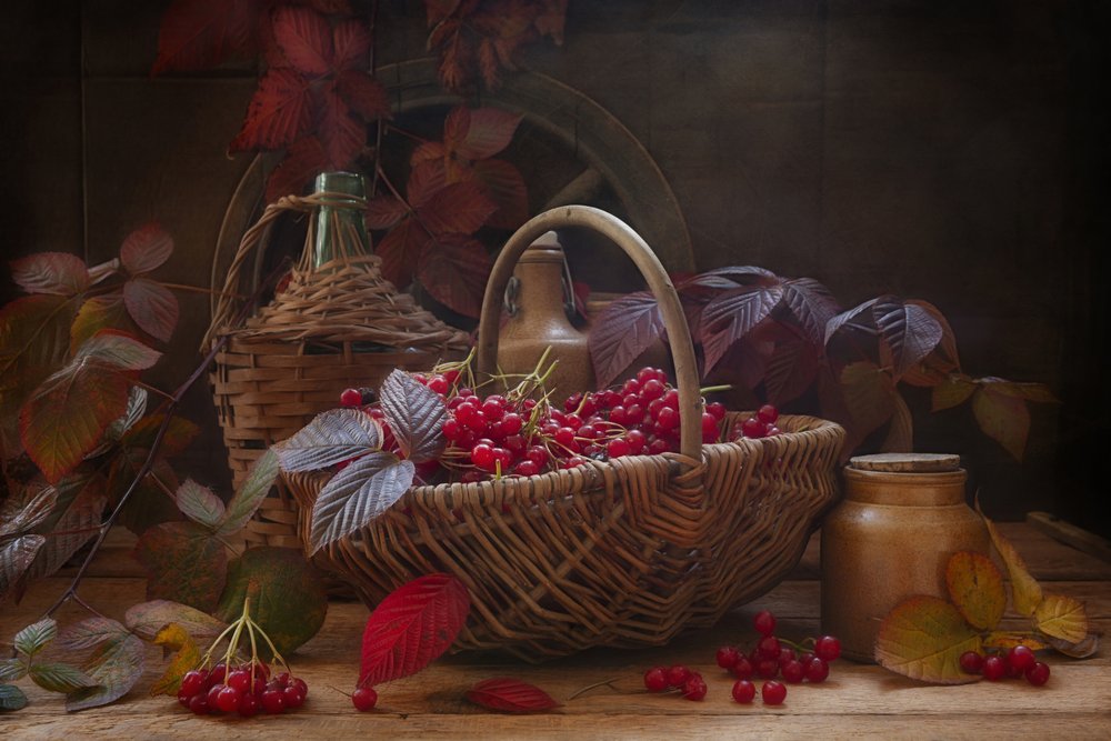 Stillleben mit scharlachroten Viburnum-Herbstzweigen und Beeren im Vintage-Stil von Eleonora Grigorjeva