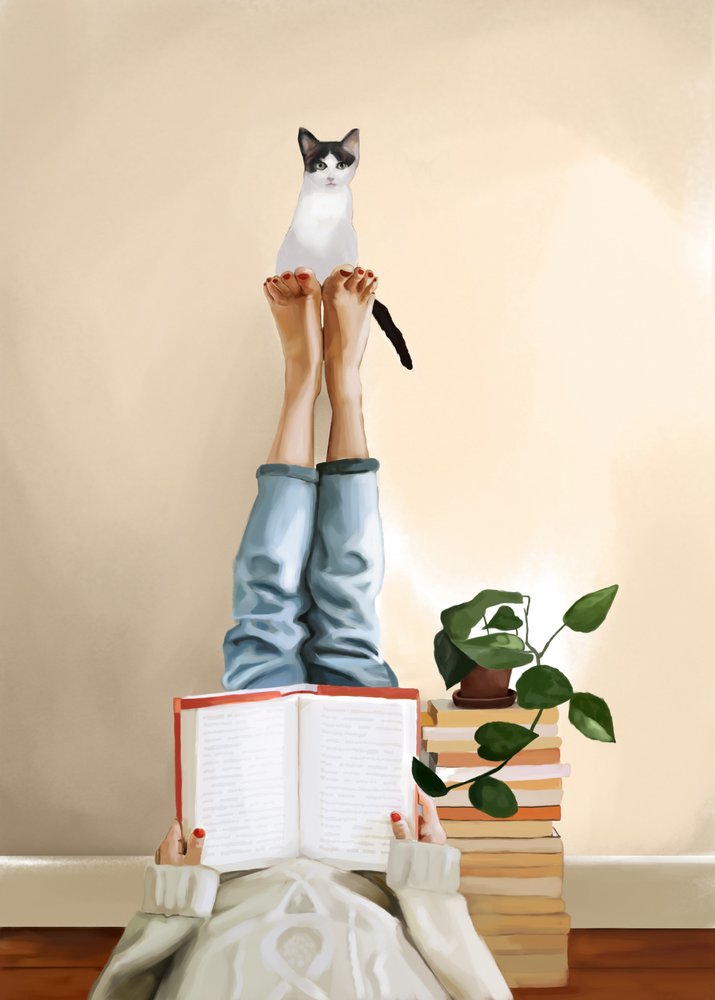 Gemütliche Katze beim Lesen von Flow Line