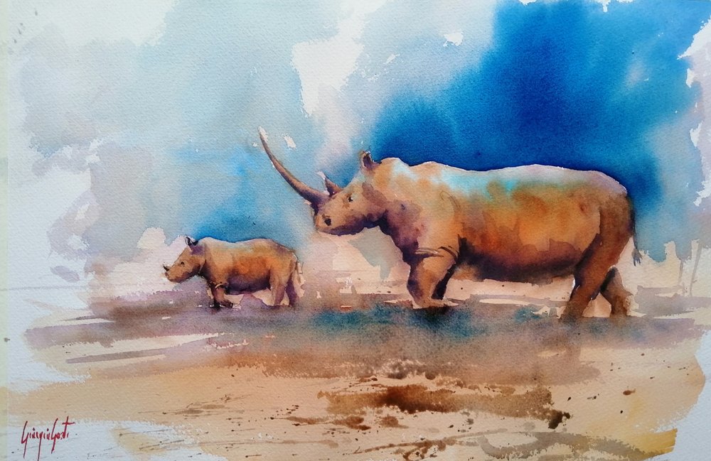 Mutter Nashorn und Kalb von Giorgio Gosti