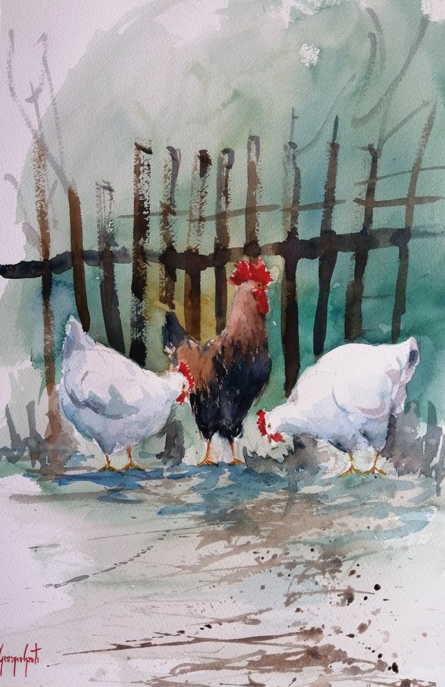 Aquarell-Hühner auf dem Bauernhof von Giorgio Gosti