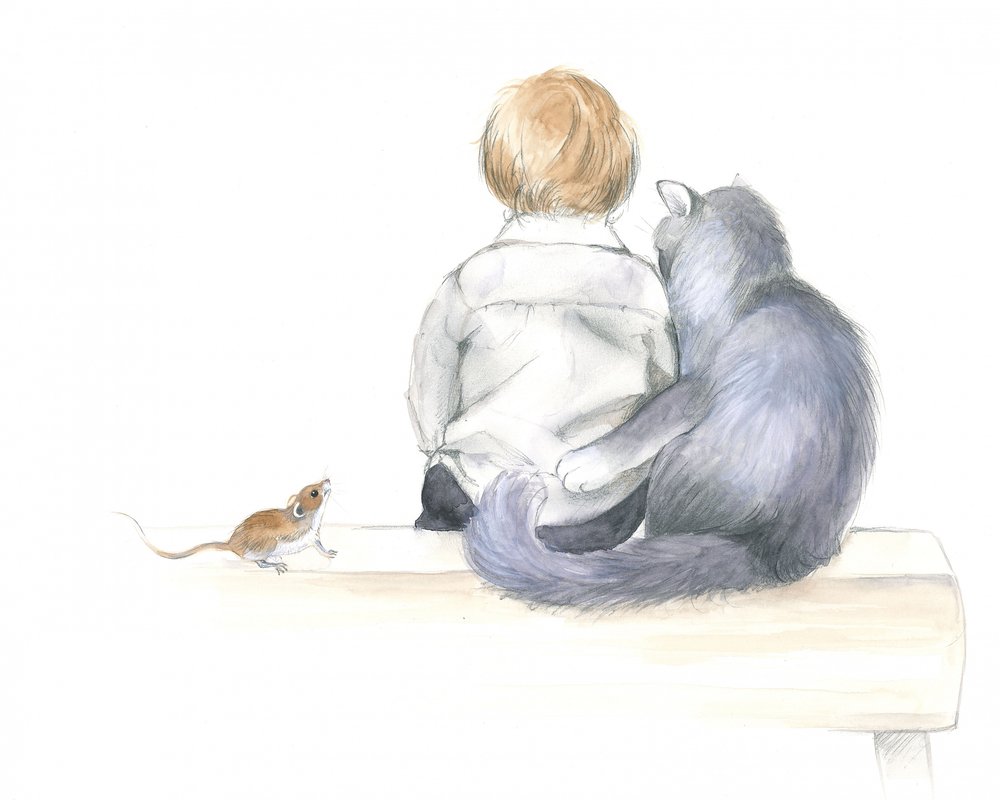 Junge und Katze teilen eine Geschichte von Isabelle Brent