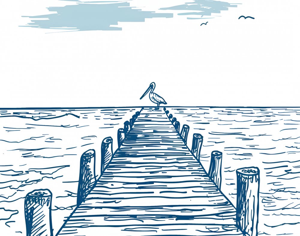Pelikan auf dem Pier von Jolly and Dash