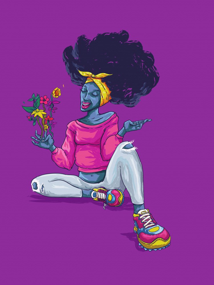 Fröhliche Afro-Frau mit Blumen von Joshua msonthe