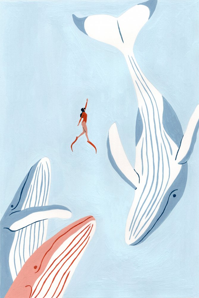 Frau und Wale schwimmen von Julie Lesouef