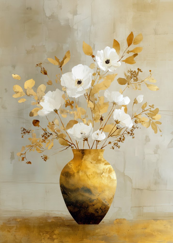 Weiße Blumen in goldener Vase von Justyna Jaszke