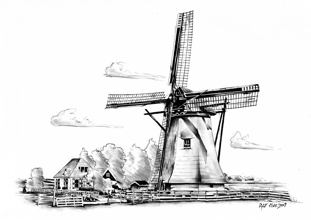 Klassische Windmühle Zeichnung von Kulik