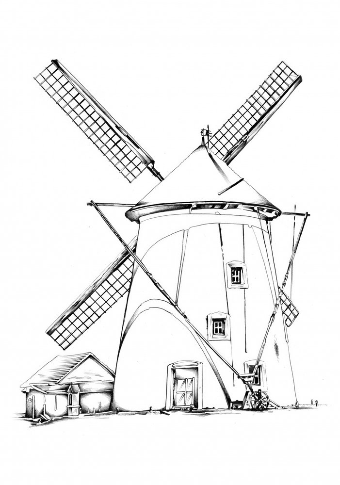Historische Windmühlenzeichnung von Kulik