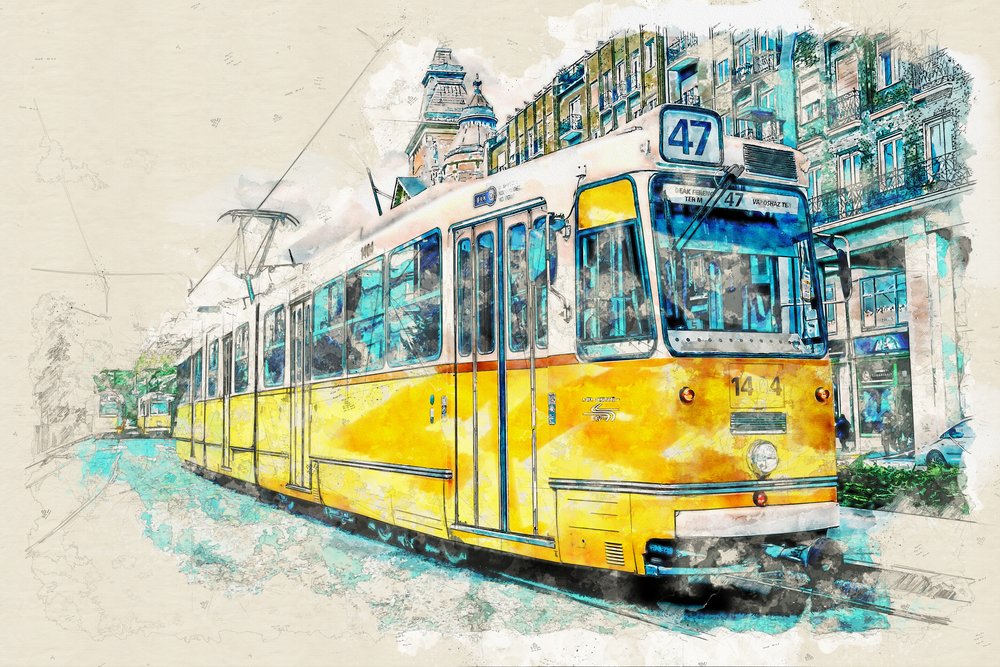 Städtische Straßenbahn Aquarell von Lembayung senja studio [Vintage Poster]