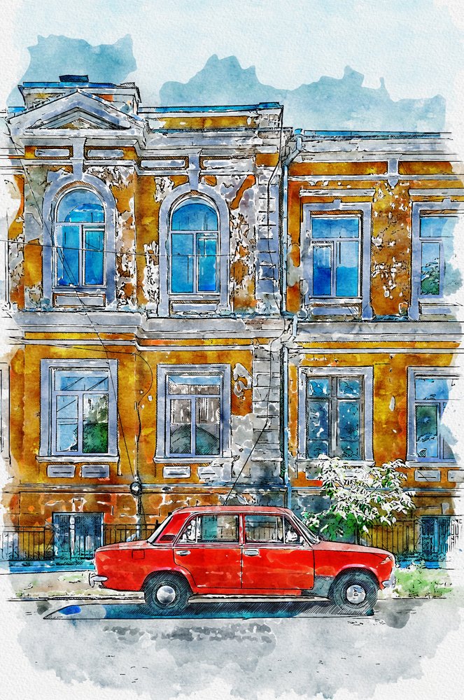 Vintage Auto Stadtgebäude von Lembayung senja studio [Vintage Poster]